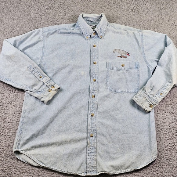 Lee Denim Shirt Mens Medium Blue Button Down African Gray Parrot Embroidered - Picture 2 of 16